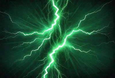 The primary subject of the image is a bright green lightning bolt, which is the main focus of the scene. The lightning bolt is surrounded by a dark background, creating a striking contrast. The visual style of the image is a digital art or illustration, as it appears to be a computer-generated or hand-drawn representation of the lightning bolt. The colors and mood of the image are predominantly green, with the lightning bolt being the most prominent and vibrant element in the scene.