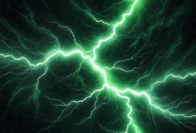 The primary subject of the image is a bright green lightning bolt, which is the main focus of the scene. The lightning bolt is surrounded by a dark background, which adds to the dramatic effect of the lightning. The visual style of the image is a close-up of the lightning bolt, emphasizing its vibrant green color. The overall atmosphere of the image is intense and captivating, with the lightning bolt as the central point of interest.