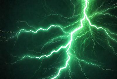 The primary subject of the image is a bright green lightning bolt, which is the main focus of the image. The setting is a dark background, which contrasts with the bright lightning bolt. The visual style is a close-up of the lightning bolt, emphasizing its vibrant color and striking appearance. The colors and mood of the image are predominantly green, with the lightning bolt creating a sense of energy and excitement.