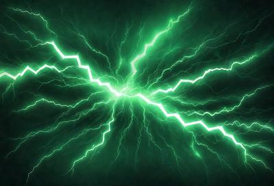 The primary subject of the image is a bright green light, which appears to be a neon light or a lightning bolt. The light is illuminating a dark background, creating a striking contrast. The visual style of the image is a close-up of the light source, emphasizing its vibrant color and intensity. The colors and mood of the image are predominantly green, with the light source being the main focus and creating a sense of energy and dynamism.
