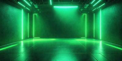 The primary subject of the image is a large, green, illuminated wall. The setting is a dark room with a green glow, creating a unique and captivating atmosphere. The visual style is a combination of digital art and illustration, with the green glow and illuminated wall giving the scene a futuristic and artistic appearance. The colors and mood of the image are predominantly green, with a slightly eerie and mysterious vibe.