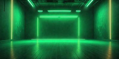 The primary subject of the image is a green neon light display. The setting is a dark room with a green background, creating a unique and captivating visual effect. The visual style is a combination of digital art and illustration, as the neon light display is created using a digital medium. The colors and mood of the image are predominantly green, with a slightly eerie atmosphere due to the darkness and the glowing neon lights.