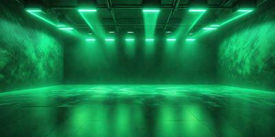 The primary subject of the image is a large, green, illuminated stage. The stage is surrounded by a green, glowing environment, which creates a unique and captivating atmosphere. The setting appears to be a futuristic or high-tech space, with the stage lights creating a visually striking scene. The visual style of the image is a combination of digital art and photography, resulting in a vibrant and dynamic representation of the stage and its surroundings. The colors and mood of the image are pre