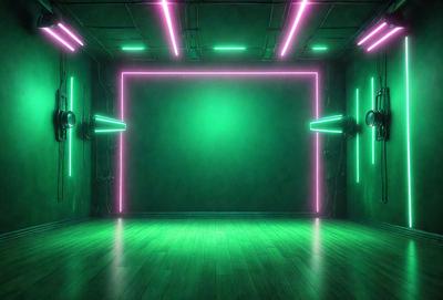 The primary subject of the image is a green wall with a green background. The setting appears to be a room with a green floor, and the visual style is a digital art or illustration. The dominant colors and overall atmosphere are green, creating a vibrant and lively environment.