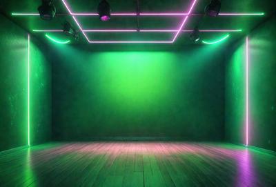 The primary subject of the image is a green stage with a green background. The setting is a theater or a stage, and the visual style is a photo. The dominant colors are green, and the overall atmosphere is bright and vibrant.