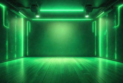 The primary subject of the image is a green room with a green wall. The setting is a dark room with a green glow, creating a unique atmosphere. The visual style is a digital art or illustration, as the room appears to be a digital rendering. The dominant colors are green, and the overall mood is mysterious and intriguing.
