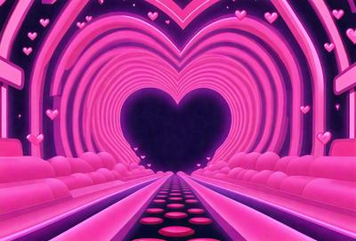 The primary subject of the image is a heart-shaped tunnel, which is pink and purple in color. The setting is a dark background, creating a contrast with the heart-shaped tunnel. The visual style is a digital art or illustration, giving the image a unique and creative appearance. The colors and mood of the image are predominantly pink and purple, which evoke feelings of love and warmth.