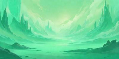 The primary subject of the image is a green landscape with a mountainous background. The setting appears to be a lush, green valley with a waterfall. The visual style of the image is a digital art or illustration, creating a vibrant and colorful atmosphere. The dominant colors in the scene are green, with a few shades of blue and white, giving the image a serene and natural mood.