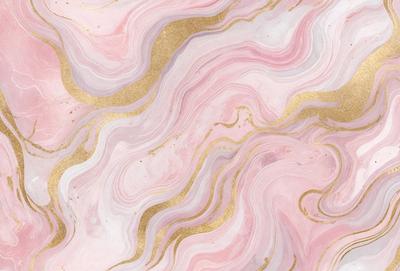The primary subject of the image is a pink marbled surface with gold accents. The setting is a room with a pink marbled wall, and the visual style is a combination of digital art and illustration. The dominant colors are pink and gold, creating a warm and inviting atmosphere.