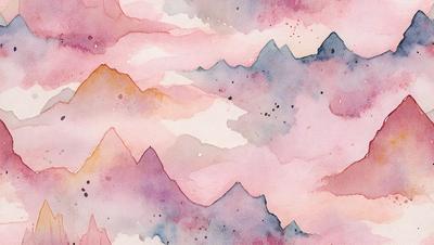 The primary subject of the image is a mountain range, with a pink and purple color scheme. The setting is a cloudy sky, and the visual style is a watercolor painting. The colors and mood of the image are vibrant and serene, creating a sense of tranquility and beauty.