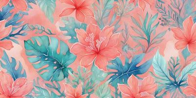 The primary subject of the image is a close-up of a pink flower with green leaves. The setting is a watercolor painting, which gives the image a vibrant and artistic visual style. The dominant colors are pink and green, creating a warm and lively atmosphere.