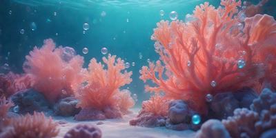 The primary subject of the image is a group of pink coral reefs, which are the main objects in the scene. The setting is an underwater environment, with the coral reefs surrounded by water and bubbles. The visual style of the image is a combination of photo and digital art, creating a realistic and vibrant representation of the coral reefs. The colors and mood of the image are predominantly pink, which adds a sense of warmth and beauty to the scene.