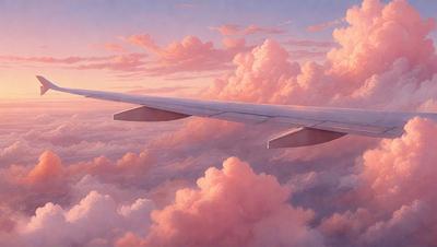 The primary subject of the image is a large airplane wing, which is the main focus of the scene. The wing is part of a jetliner, and it is flying through a pink and white cloudy sky. The setting is a beautiful, cloudy day with a vibrant atmosphere. The visual style of the image is a combination of photo and digital art, creating a unique and captivating scene. The colors and mood of the image are predominantly pink and white, giving it a warm and inviting
