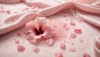 The primary subject of the image is a pink flower with a yellow center, sitting on a pink surface. The setting is a bed with a pink sheet, and the visual style is a close-up of the flower. The dominant colors in the image are pink and yellow, creating a warm and inviting atmosphere.