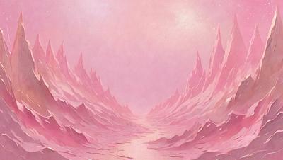 The primary subject of the image is a pink mountain range. The setting is a pink sky, which creates a unique and visually striking backdrop. The visual style of the image is a combination of digital art and illustration, giving it a surreal and artistic appearance. The dominant colors in the image are pink and purple, creating a warm and dreamy atmosphere.