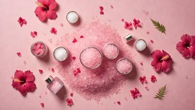 The primary subject of the image is a pink powder, which is scattered on a pink surface. The setting is a pink background, and the visual style appears to be a photo. The colors and mood of the image are predominantly pink, creating a warm and inviting atmosphere.