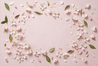The primary subject of the image is a circle made of pink flowers, with a few white flowers mixed in. The circle is placed on a pink background, which adds a warm and vibrant atmosphere to the scene. The visual style of the image is a close-up of the flower circle, showcasing the details of the flowers and their arrangement. The colors and mood of the image are predominantly pink and warm, creating a sense of freshness and beauty.