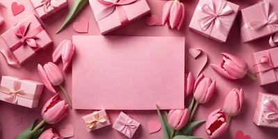 The primary subject of the image is a pink card with a heart-shaped cutout, placed on a pink background. The card is adorned with a bow and a heart-shaped paper. The setting is a pink background, which creates a warm and romantic atmosphere. The visual style is a combination of digital art and illustration, giving the image a unique and creative appearance. The colors and mood are predominantly pink, which is associated with love and affection.