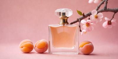 The primary subject of the image is a bottle of perfume, which is placed on a pink surface. The setting is a pink background, and the visual style is a photo. The dominant colors in the image are pink and white, creating a warm and inviting atmosphere.