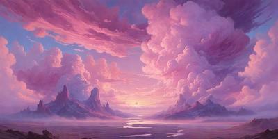 The primary subject of the image is a beautiful landscape featuring a large body of water, mountains, and clouds. The setting is a picturesque scene with a sunset in the background, creating a serene and peaceful atmosphere. The visual style of the image is a combination of digital art and illustration, with the artist skillfully capturing the natural beauty of the landscape. The dominant colors in the image are pink, purple, and blue, which contribute to the overall mood of the scene.