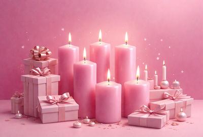 The primary subject of the image is a group of lit pink candles. The setting is a pink background, which adds to the overall mood of the scene. The visual style is a combination of photo and digital art, creating a realistic yet artistic representation of the candles. The colors and mood of the image are predominantly pink, giving it a warm and inviting atmosphere.