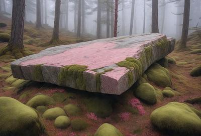 The primary subject of the image is a large rock with a pinkish hue, sitting on a mossy surface. The rock appears to be a part of a forest, surrounded by trees. The setting is a forest environment, with the rock being the main object of focus. The visual style of the image is a photo, capturing the natural beauty of the rock and its surroundings. The colors and mood of the image are predominantly earthy tones, creating a serene and peaceful atmosphere.