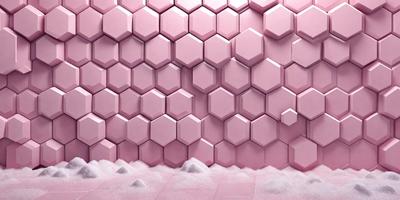 The primary subject of the image is a pink wall with a pattern of hexagonal shapes. The setting is a room with a pink wall, and the visual style appears to be a combination of a photo and digital art. The dominant colors are pink and white, creating a warm and inviting atmosphere.