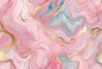 The primary subject of the image is a close-up of a marbled surface with gold and pink hues. The setting is a room with a pink and gold marbled wall, which creates a warm and luxurious atmosphere. The visual style is a combination of digital art and illustration, as the marbled surface appears to be a digital artwork with a hand-drawn feel. The dominant colors are pink, gold, and various shades of pink and gold, which contribute to the overall mood of the