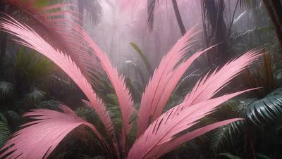 The primary subject of the image is a large pink flower, which is the main focus of the scene. The setting is a lush green forest, with trees and plants surrounding the flower. The visual style of the image is a close-up of the flower, showcasing its vibrant pink color and intricate details. The colors and mood of the image are predominantly pink, creating a warm and inviting atmosphere.