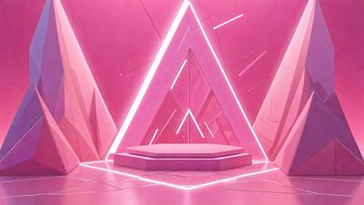The primary subject of the image is a large pink triangle, which is the main focus of the scene. The setting is a pink room with a pink background, giving the image a vibrant and colorful visual style. The colors and mood of the image are predominantly pink, creating a warm and inviting atmosphere.