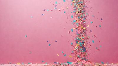 The primary subject of the image is a pink wall with a colorful confetti shower falling on it. The setting is a room with a pink background, and the visual style is a combination of photo and digital art. The colors and mood of the image are vibrant and lively, with the confetti adding a festive and joyful atmosphere.