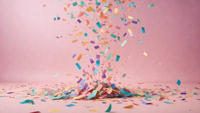 The primary subject of the image is a pink background with a shower of colorful confetti falling on it. The confetti consists of various shapes and sizes, creating a visually appealing and festive scene. The setting appears to be indoors, possibly at a party or event. The visual style of the image is a combination of photo and digital art, as it captures the movement and texture of the confetti falling. The colors and mood of the image are vibrant and joyful, with the pink