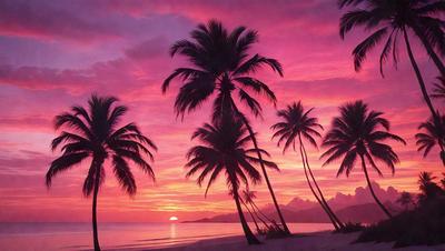 The primary subject of the image is a beautiful sunset with a pink sky. The setting is a beach with palm trees, creating a serene and relaxing atmosphere. The visual style is a black and white photo, which adds a timeless and classic feel to the scene. The dominant colors are pink and purple, with the sunset creating a warm and inviting mood.