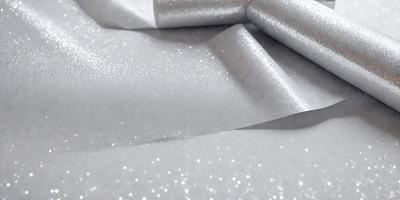 The primary subject of the image is a piece of silver fabric with glittery sequins on it. The setting is a white background, which highlights the sequins and the fabric. The visual style is a close-up of the fabric, showcasing the sequins and texture. The colors and mood of the image are predominantly silver and glittery, creating a shiny and eye-catching appearance.
