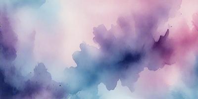 The primary subject of the image is a purple and blue cloudy sky. The setting is a cloudy sky, and the visual style is a watercolor painting. The colors and mood of the image are predominantly purple and blue, creating a serene and calming atmosphere.