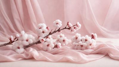 The primary subject of the image is a branch with white flowers, which is placed on a pink background. The visual style of the image is a photo, and the colors and mood are predominantly pink, creating a warm and inviting atmosphere.
