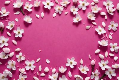 The primary subject of the image is a pink background with a white heart shape. The heart is surrounded by a cluster of white flowers, creating a visually appealing and romantic scene. The setting appears to be a pink table, and the visual style is a combination of a photo and digital art, giving the image a unique and artistic appearance. The colors and mood of the image are predominantly pink and white, evoking a sense of love and warmth.