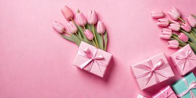 The primary subject of the image is a bouquet of pink tulips, which are beautifully arranged in a pink bow. The setting is a pink background, which complements the color of the flowers. The visual style is a close-up of the flowers, showcasing their beauty. The colors and mood of the image are predominantly pink, creating a warm and inviting atmosphere.