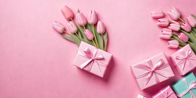 The primary subject of the image is a bouquet of pink tulips, which are placed inside a pink box. The setting is a pink background, and the visual style is a photo. The dominant colors in the image are pink, and the overall atmosphere is warm and inviting.
