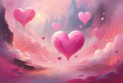 The primary subject of the image is a pair of pink hearts floating in a cloudy, pink sky. The setting is a fantasy world with a castle in the background. The visual style is digital art, and the dominant colors are pink and purple, creating a warm and romantic atmosphere.