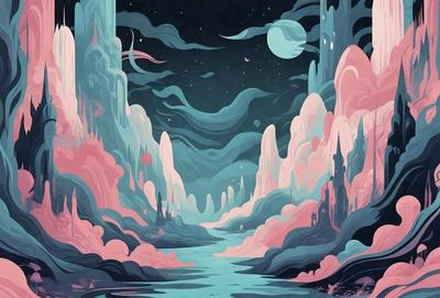 The primary subject of the image is a beautifully illustrated scene of a river flowing through a valley with a mountain range in the background. The setting is a fantasy world with a vibrant and colorful atmosphere. The visual style is a combination of digital art and illustration, creating a captivating and imaginative scene. The colors and mood are predominantly pink and blue, giving the image a whimsical and dreamy quality.