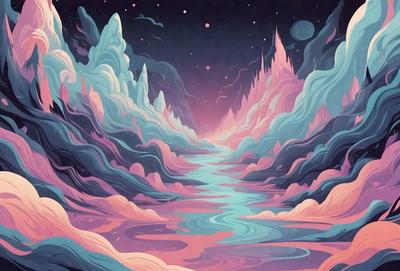 The primary subject of the image is a beautifully illustrated scene of a river flowing through a mountainous landscape. The river is surrounded by a variety of mountains, and the sky above is filled with stars. The visual style of the image is a combination of digital art and illustration, creating a vibrant and captivating atmosphere. The colors and mood of the image are predominantly pink and purple, giving it a warm and inviting feel.