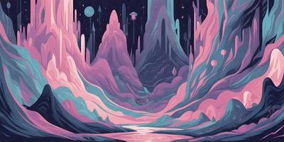 The primary subject of the image is a colorful, surreal landscape featuring a mountain range with a pink and purple hue. The setting includes a river flowing through the mountains, and the background showcases a sky filled with stars. The visual style of the image is a combination of digital art and illustration, creating a vibrant and imaginative scene. The dominant colors in the image are pink and purple, giving the landscape a dreamy and whimsical atmosphere.