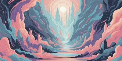 The primary subject of the image is a beautiful landscape featuring a river flowing through a valley with mountains in the background. The setting is a serene and picturesque environment, with the sun shining on the water, creating a warm and inviting atmosphere. The visual style of the image is a combination of digital art and illustration, giving it a unique and artistic appearance. The dominant colors in the scene are pink, blue, and purple, which contribute to the overall mood of the image, evoking feelings of tranqu
