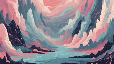 The primary subject of the image is a beautifully illustrated scene of a river flowing through a mountainous landscape. The river is surrounded by a variety of rocks, and the water appears to be a mix of blue and pink. The setting is a mountainous area with a sky visible in the background. The visual style of the image is a combination of digital art and illustration, creating a vibrant and captivating scene. The colors and mood of the image are predominantly pink and blue, giving it a ser