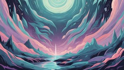 The primary subject of the image is a mountain range with a large body of water, possibly an ocean, in front of it. The setting is a beautiful, colorful landscape with a vibrant atmosphere. The visual style is a combination of digital art and illustration, creating a unique and captivating scene. The colors and mood of the image are predominantly blue and purple, giving it a serene and calming feel.