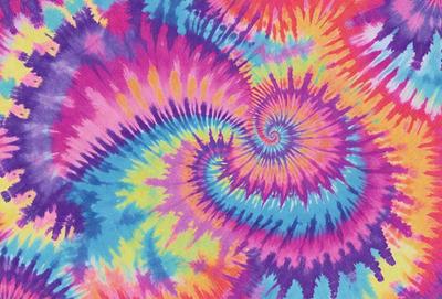The primary subject of the image is a colorful, swirling pattern that resembles a spiral or a whirlpool. The setting is a colorful, patterned fabric, which serves as the background. The visual style is a combination of digital art and illustration, creating a vibrant and dynamic appearance. The dominant colors in the image are pink, yellow, and blue, giving the pattern a lively and cheerful atmosphere.