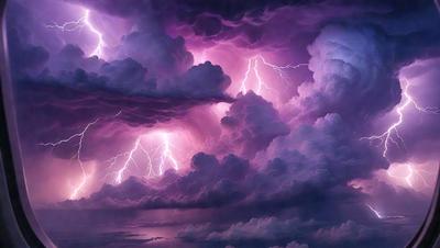 The primary subject of the image is a purple cloud with lightning bolts, creating a dramatic and intense atmosphere. The setting is a cloudy sky, and the visual style appears to be a digital art or illustration. The dominant colors are purple and pink, with the lightning bolts adding a sense of energy and power to the scene.