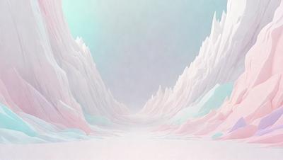The primary subject of the image is a large, snow-covered mountain. The setting is a vast, snowy landscape with a sky background. The visual style is a digital art or illustration, creating a sense of depth and dimension. The dominant colors are shades of pink and white, giving the scene a serene and peaceful atmosphere.