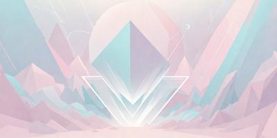 The primary subject of the image is a large, three-sided, geometric shape, which appears to be a crystal or a diamond. The setting is a pink and blue background, giving the image a vibrant and colorful appearance. The visual style is a combination of digital art and illustration, creating a unique and eye-catching design. The dominant colors are pink and blue, which contribute to the overall mood of the image, which is bright, cheerful, and lively.